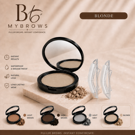 MYBROWS brow stamp kit - Blonde shade, with mirror compact, two reusable applicators and shade comparison