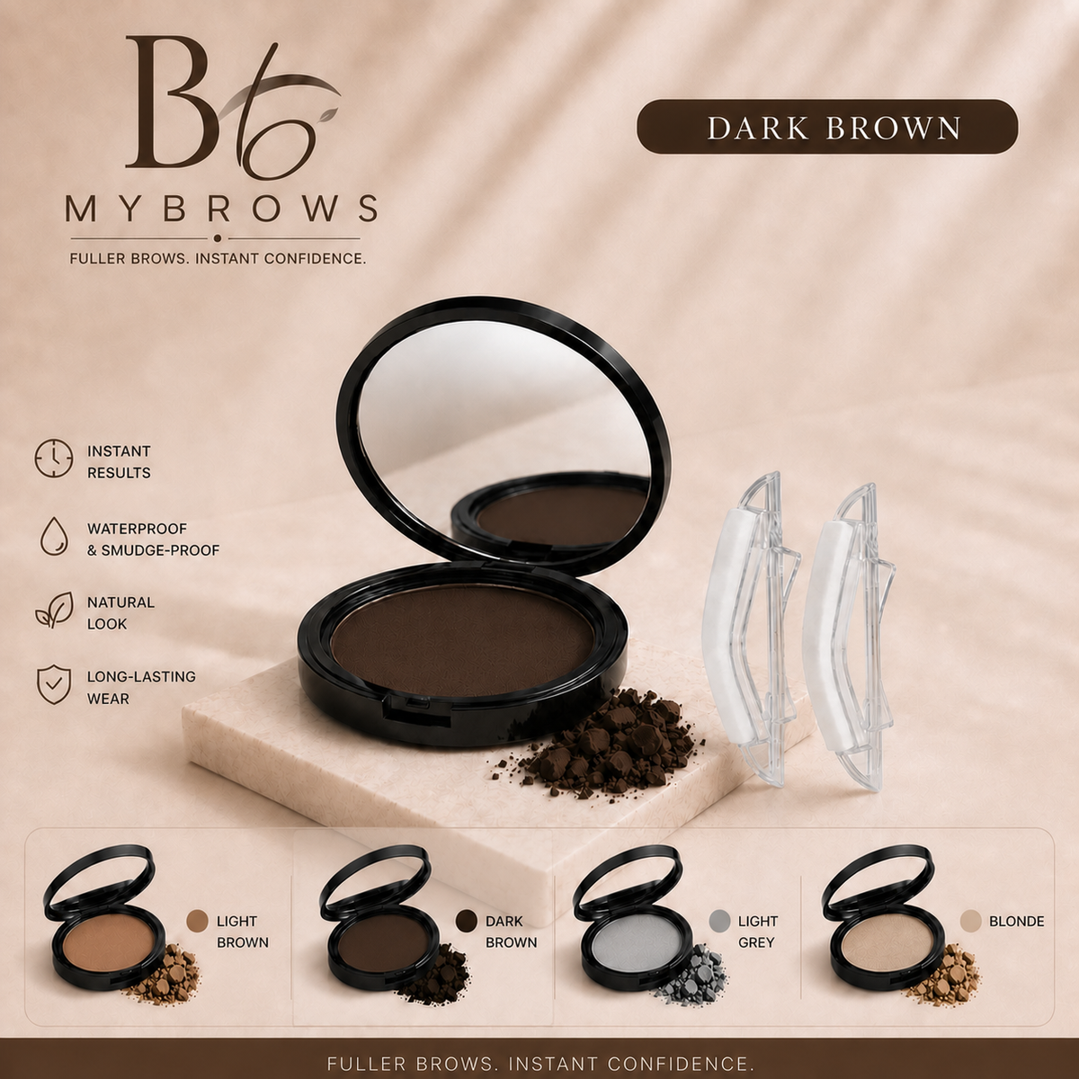 MYBROWS brow stamp kit - Dark Brown shade, with mirror compact, two reusable applicators and shade comparison