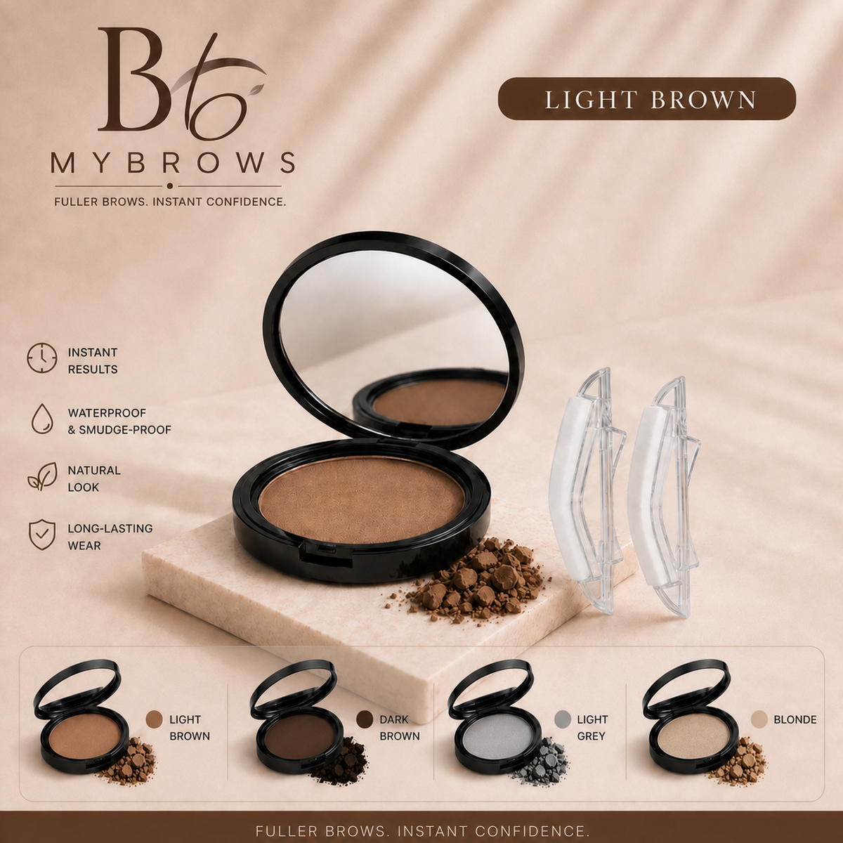 MYBROWS brow stamp kit - Light Brown shade, with mirror compact, two reusable applicators and shade comparison