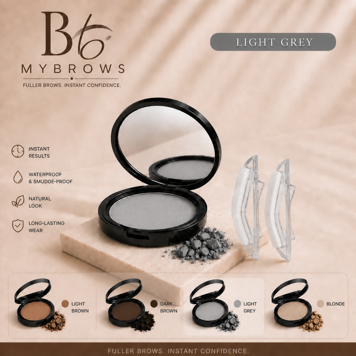 MYBROWS brow stamp kit - Light Grey shade, with mirror compact, two reusable applicators and shade comparison