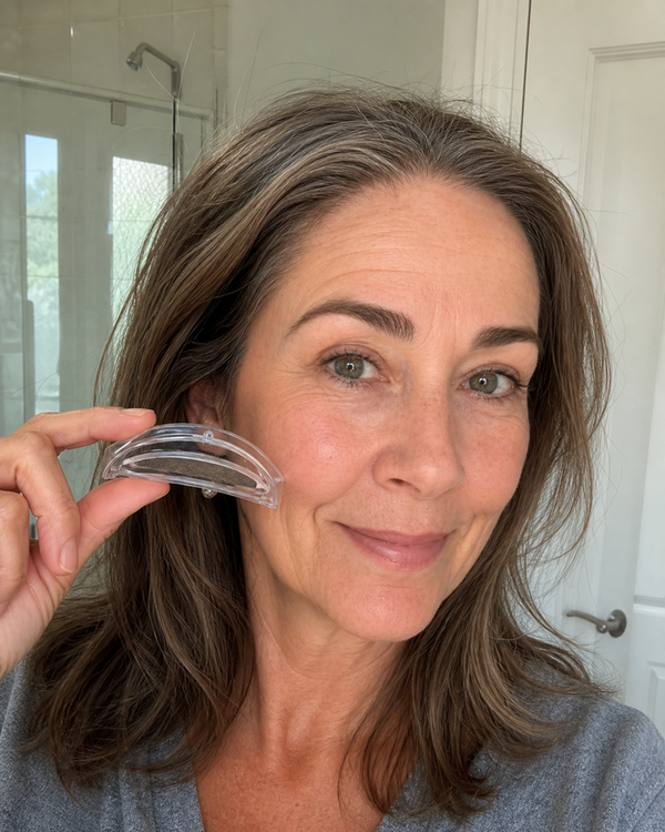 Rachel D. holding the MYBROWS stamp applicator