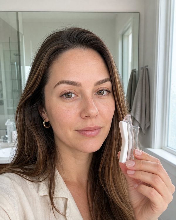 Alice H. holding the MYBROWS stamp applicator