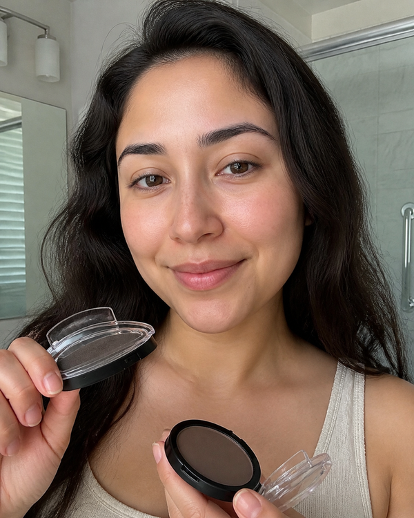 Mia H. holding the MYBROWS powder compact and stamp applicator